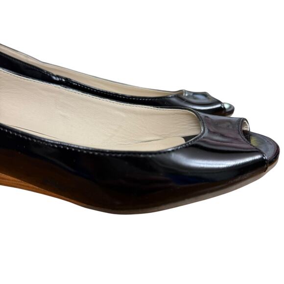 Steve Madden Open Toe Peep Patent Leather Black Stacked Wedge Shoes Pumps sz 8 - Picture 13 of 16